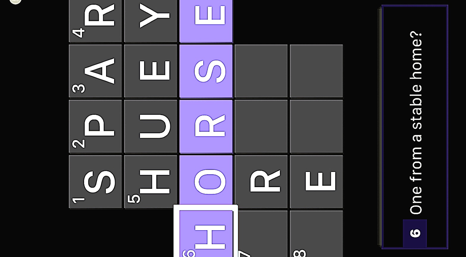 a screenshot of a crossword with the hint: "One from a stable home?". The answer is 'HORSE'