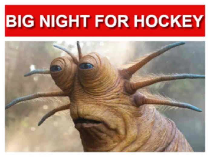 The "live slug reaction" meme but the text says "big night for hockey"